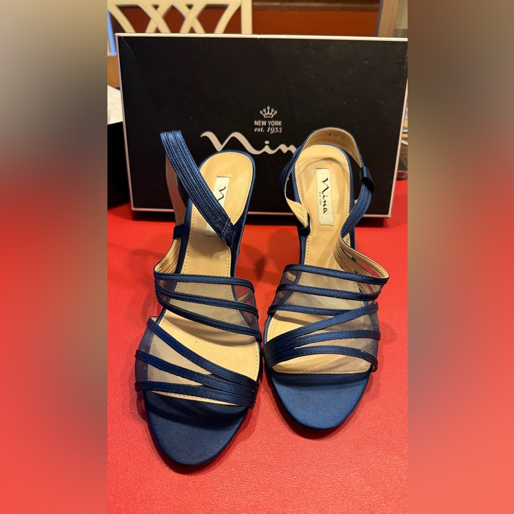 Elegant Nina Women's Navy Satin & Mesh strap formal Sandals